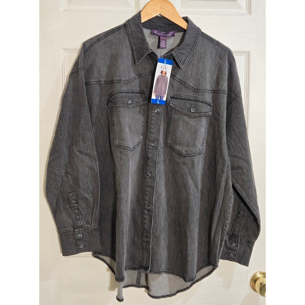 Gloria Vanderbilt Womens Gray Denim Shirt Long Sleeve Button Down Pockets L